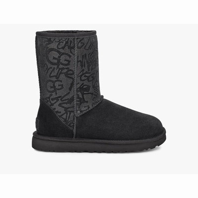 Botas UGG Classic Short Sparkle Graffiti Mulher Pretas | PT-TULCZ